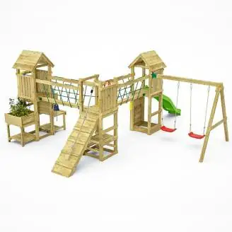 Aire de jeux en bois Fungoo Optimizer avec toboggan, balançoires, structure d'escalade et cuisine pour enfants