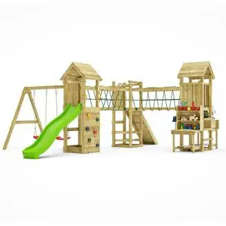 Aire de jeux en bois Fungoo Optimizer avec toboggan, balançoires, structure d'escalade et cuisine pour enfants