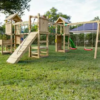 Aire de jeux en bois Fungoo Optimizer avec toboggan, balançoires, structure d'escalade et cuisine pour enfants