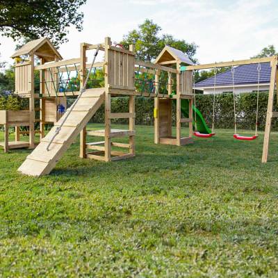 Aire de jeux en bois Fungoo Optimizer avec toboggan, balançoires, structure d'escalade et cuisine pour enfants