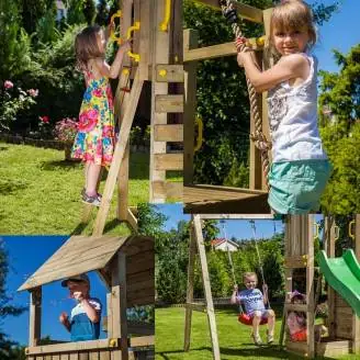 Aire de jeux en bois Fungoo Houser avec toboggan, deux balançoires et une maisonnette