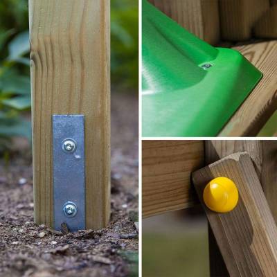Aire de jeux en bois Fungoo Houser avec toboggan, deux balançoires et une maisonnette