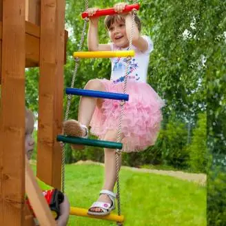 Aire de jeux en bois Fungoo Houser avec toboggan, deux balançoires et une maisonnette