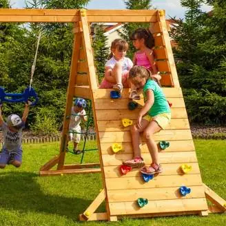 Aire de jeux Fungoo FLUPPI avec bac à sable, structure d'escalade, table de pique-nique, balançoire et toboggan