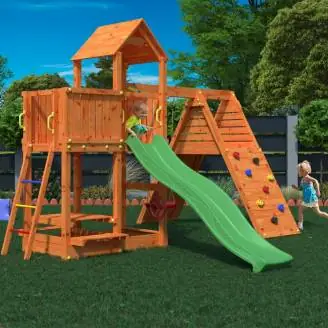 Aire de jeux Fungoo FLUPPI avec bac à sable, structure d'escalade, table de pique-nique, balançoire et toboggan