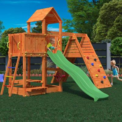 Aire de jeux Fungoo FLUPPI avec bac à sable, structure d'escalade, table de pique-nique, balançoire et toboggan