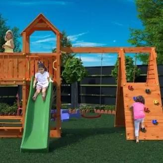 Aire de jeux Fungoo FLUPPI avec bac à sable, structure d'escalade, table de pique-nique, balançoire et toboggan