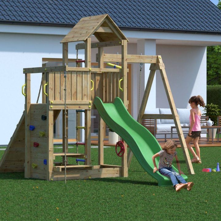 Fungoo ACTIVE KDI Maison en bois avec toboggan, balançoire et échelle