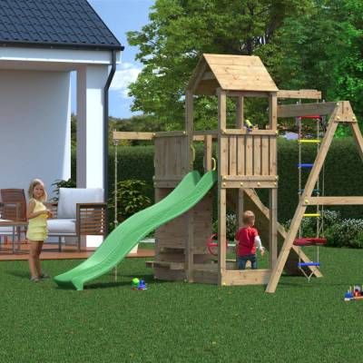 Fungoo ACTIVE KDI Maison en bois avec toboggan, balançoire et échelle