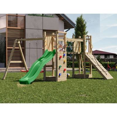 Aire de jeux en bois Fungoo Maxi Exposure avec toboggan, balançoires, pont et structure d'escalade