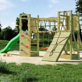 Aire de jeux en bois Fungoo Maxi Exposure avec toboggan, balançoires, pont et structure d'escalade