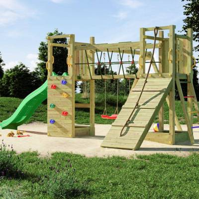 Aire de jeux en bois Fungoo Maxi Exposure avec toboggan, balançoires, pont et structure d'escalade