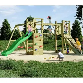 Aire de jeux en bois Fungoo Maxi Exposure avec toboggan, balançoires, pont et structure d'escalade