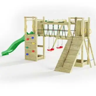 Aire de jeux en bois Fungoo Maxi Exposure avec toboggan, balançoires, pont et structure d'escalade