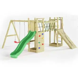 Aire de jeux en bois Fungoo Maxi Exposure avec toboggan, balançoires, pont et structure d'escalade