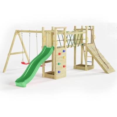 Aire de jeux en bois Fungoo Maxi Exposure avec toboggan, balançoires, pont et structure d'escalade