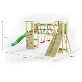 Aire de jeux en bois Fungoo Maxi Exposure avec toboggan, balançoires, pont et structure d'escalade