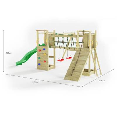 Aire de jeux en bois Fungoo Maxi Exposure avec toboggan, balançoires, pont et structure d'escalade