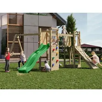 Aire de jeux en bois Fungoo Maxi Exposure avec toboggan, balançoires, pont et structure d'escalade
