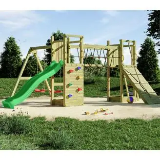 Aire de jeux en bois Fungoo Maxi Exposure avec toboggan, balançoires, pont et structure d'escalade