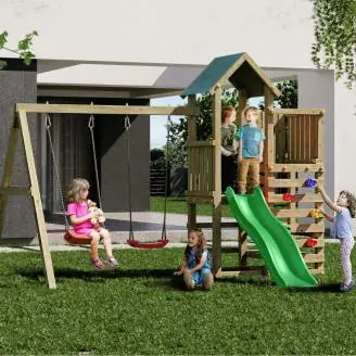 Aire de jeux en bois Fungoo Chester avec toboggan, balançoire et structure d'escalade