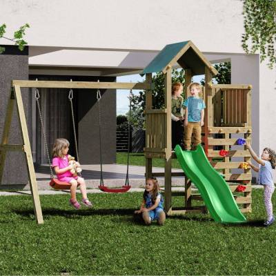 Aire de jeux en bois Fungoo Chester avec toboggan, balançoire et structure d'escalade