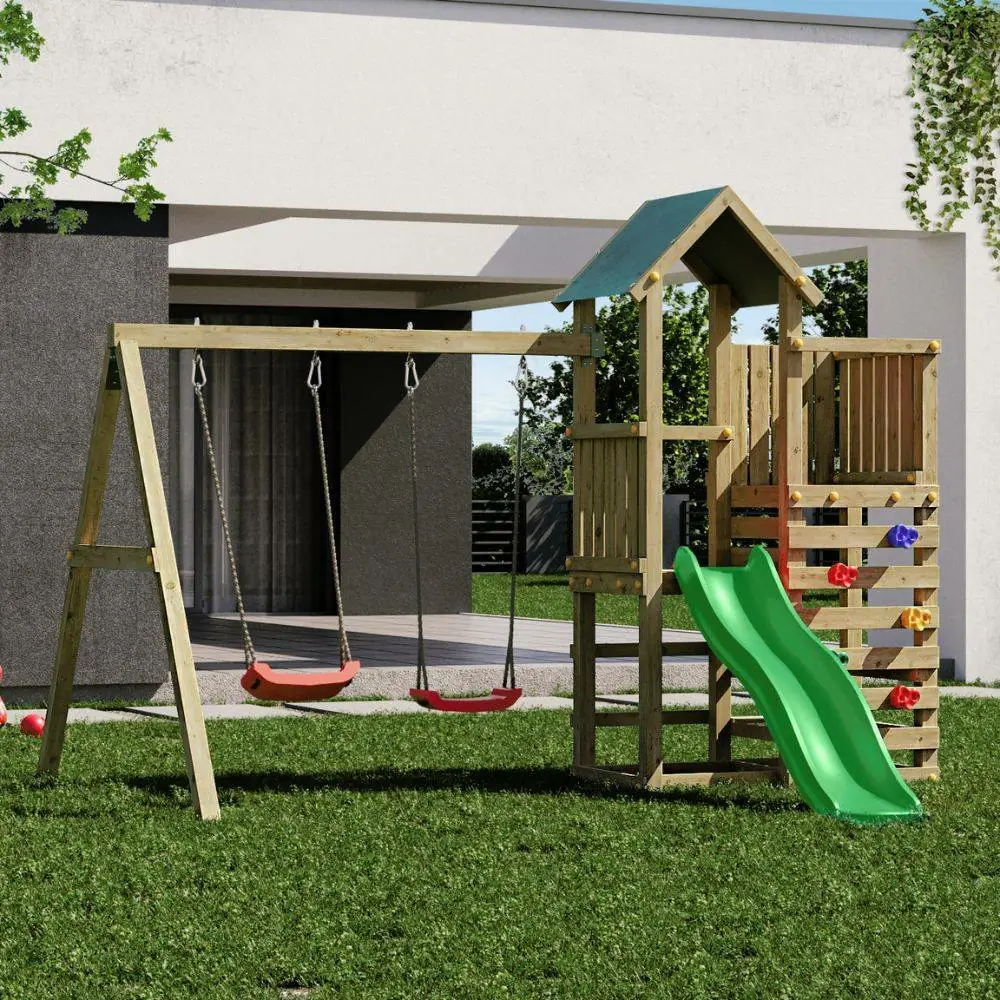 Aire de jeux en bois Fungoo Chester avec toboggan, balançoire et structure d'escalade