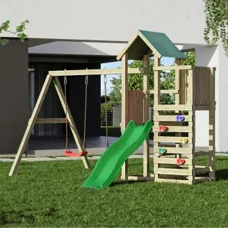 Aire de jeux en bois Fungoo Chester avec toboggan, balançoire et structure d'escalade