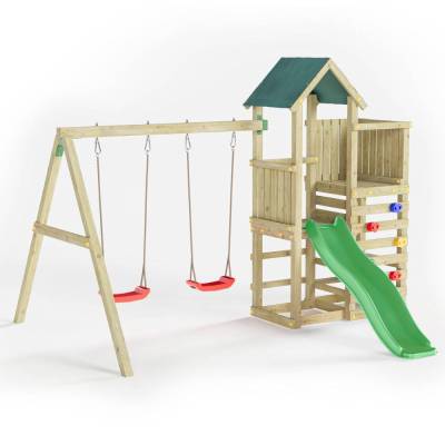 Aire de jeux en bois Fungoo Chester avec toboggan, balançoire et structure d'escalade