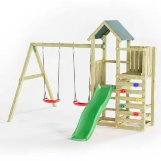 Aire de jeux en bois Fungoo Chester avec toboggan, balançoire et structure d'escalade