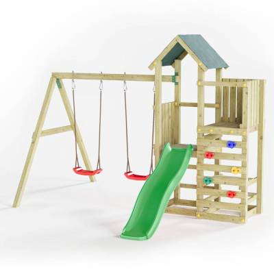 Aire de jeux en bois Fungoo Chester avec toboggan, balançoire et structure d'escalade