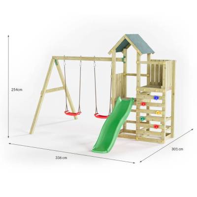 Aire de jeux en bois Fungoo Chester avec toboggan, balançoire et structure d'escalade