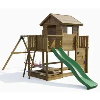 Maisonnette en bois Fungoo Mars avec toboggan, balançoire, table de pique-nique et structure d'escalade