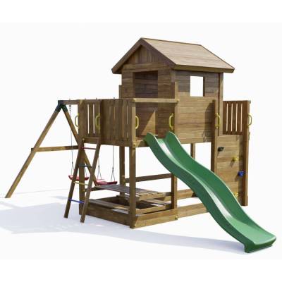 Maisonnette en bois Fungoo Mars avec toboggan, balançoire, table de pique-nique et structure d'escalade