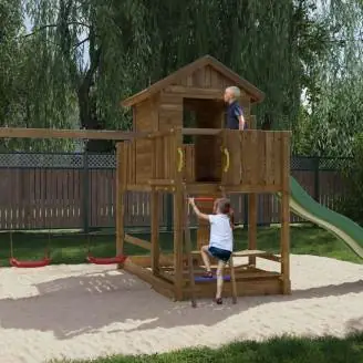 Maisonnette en bois Fungoo Mars avec toboggan, balançoire, table de pique-nique et structure d'escalade