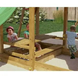 Maisonnette en bois Fungoo Mars avec toboggan, balançoire, table de pique-nique et structure d'escalade