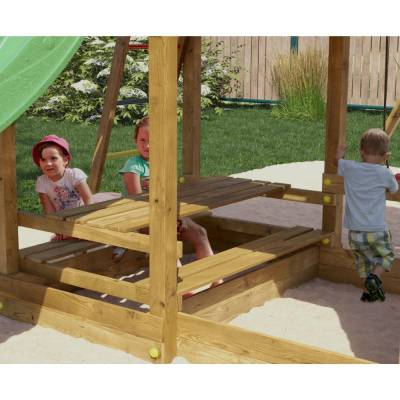 Maisonnette en bois Fungoo Mars avec toboggan, balançoire, table de pique-nique et structure d'escalade