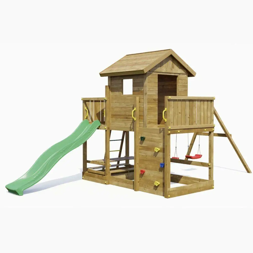 Maisonnette en bois Fungoo Mars avec toboggan, balançoire, table de pique-nique et structure d'escalade