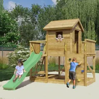 Maisonnette en bois Fungoo Mars avec toboggan, balançoire, table de pique-nique et structure d'escalade