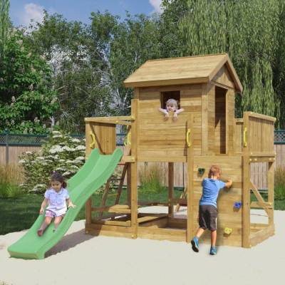 Maisonnette en bois Fungoo Mars avec toboggan, balançoire, table de pique-nique et structure d'escalade