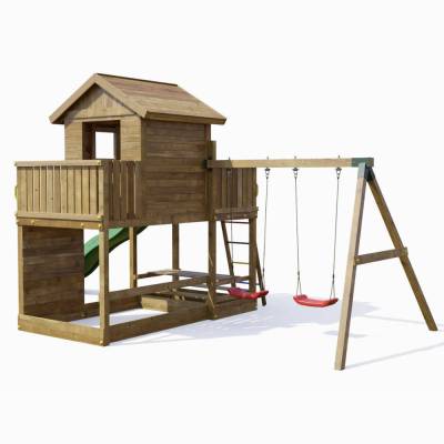 Maisonnette en bois Fungoo Mars avec toboggan, balançoire, table de pique-nique et structure d'escalade