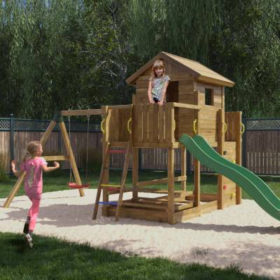 Maisonnette en bois Fungoo Mars avec toboggan, balançoire, table de pique-nique et structure d'escalade