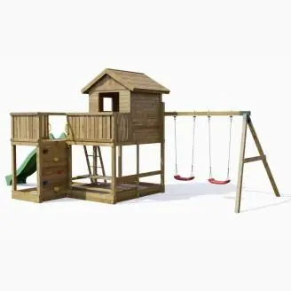 Maisonnette en bois Fungoo Pluto avec toboggan, deux balançoires, table de pique-nique, structure d'escalade et bac à sable