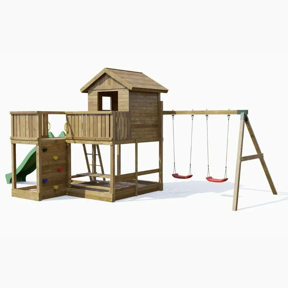 Maisonnette en bois Fungoo Pluto avec toboggan, deux balançoires, table de pique-nique, structure d'escalade et bac à sable