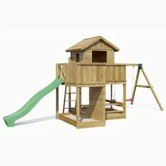 Maisonnette en bois Fungoo Pluto avec toboggan, deux balançoires, table de pique-nique, structure d'escalade et bac à sable