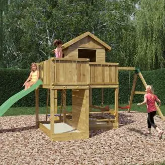 Maisonnette en bois Fungoo Pluto avec toboggan, deux balançoires, table de pique-nique, structure d'escalade et bac à sable