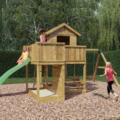 Maisonnette en bois Fungoo Pluto avec toboggan, deux balançoires, table de pique-nique, structure d'escalade et bac à sable