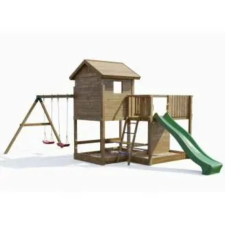 Maisonnette en bois Fungoo Pluto avec toboggan, deux balançoires, table de pique-nique, structure d'escalade et bac à sable