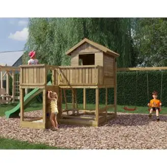 Maisonnette en bois Fungoo Pluto avec toboggan, deux balançoires, table de pique-nique, structure d'escalade et bac à sable