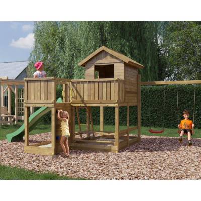 Maisonnette en bois Fungoo Pluto avec toboggan, deux balançoires, table de pique-nique, structure d'escalade et bac à sable